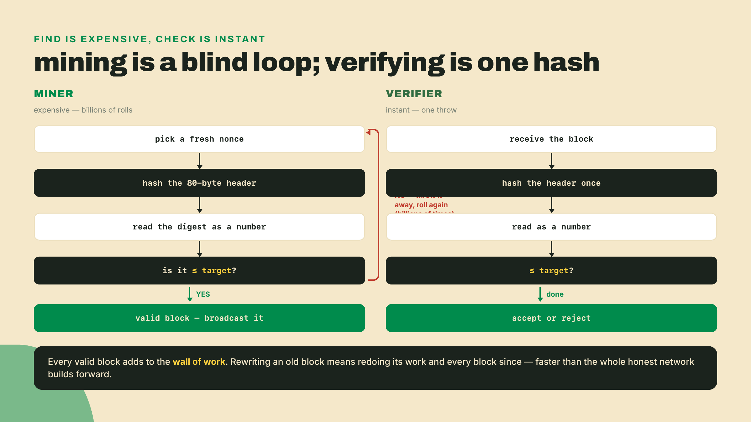 A flowchart contrasting the miner's loop of picking a nonce, hashing the header, and comparing to the target billions of times until one wins, against the verifier's single hash-and-compare, with the accumulated work forming a wall that makes rewriting history require redoing all of it.