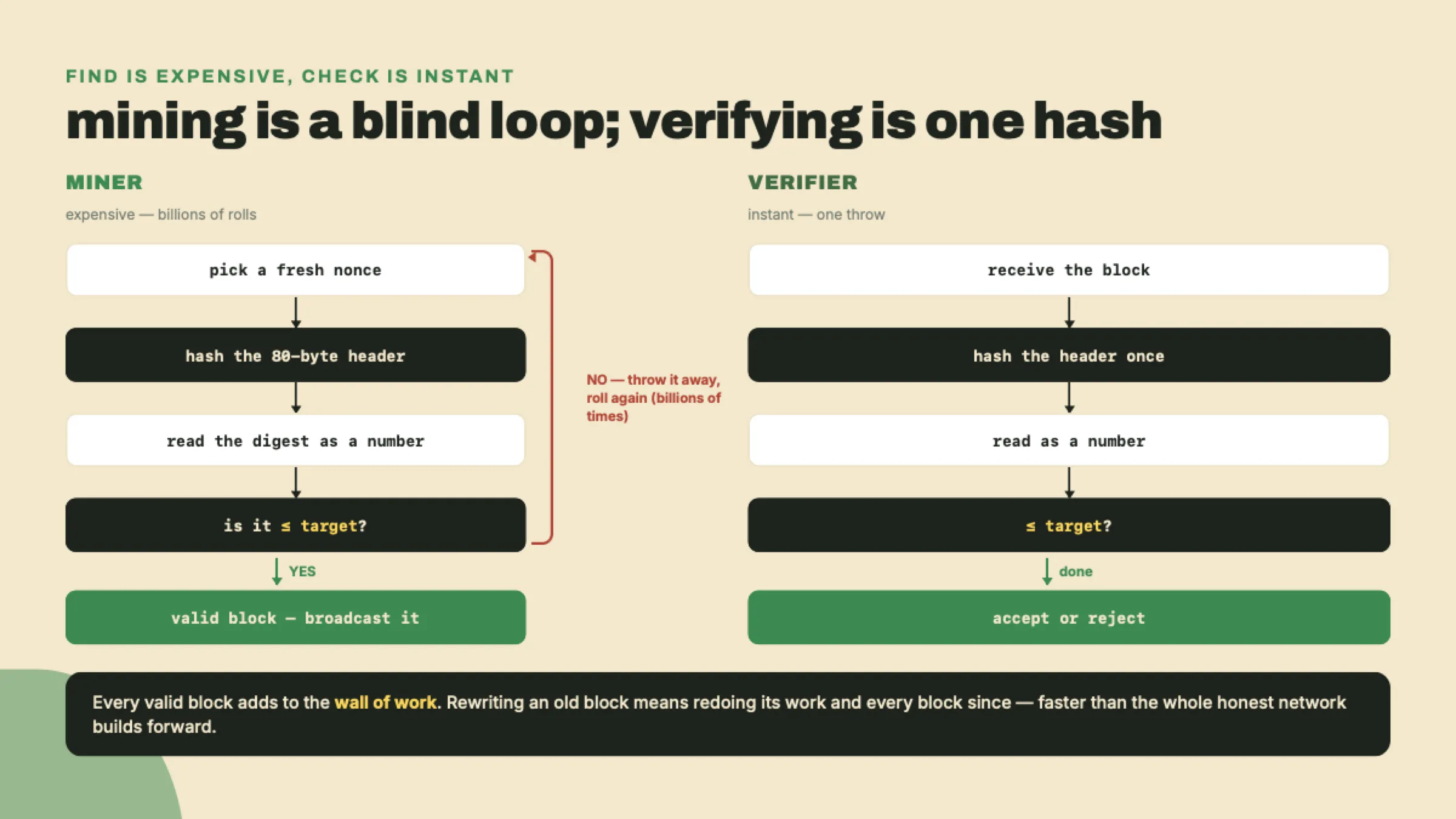 A flowchart contrasting the miner's loop of picking a nonce, hashing the header, and comparing to the target billions of times until one wins, against the verifier's single hash-and-compare, with the accumulated work forming a wall that makes rewriting history require redoing all of it.