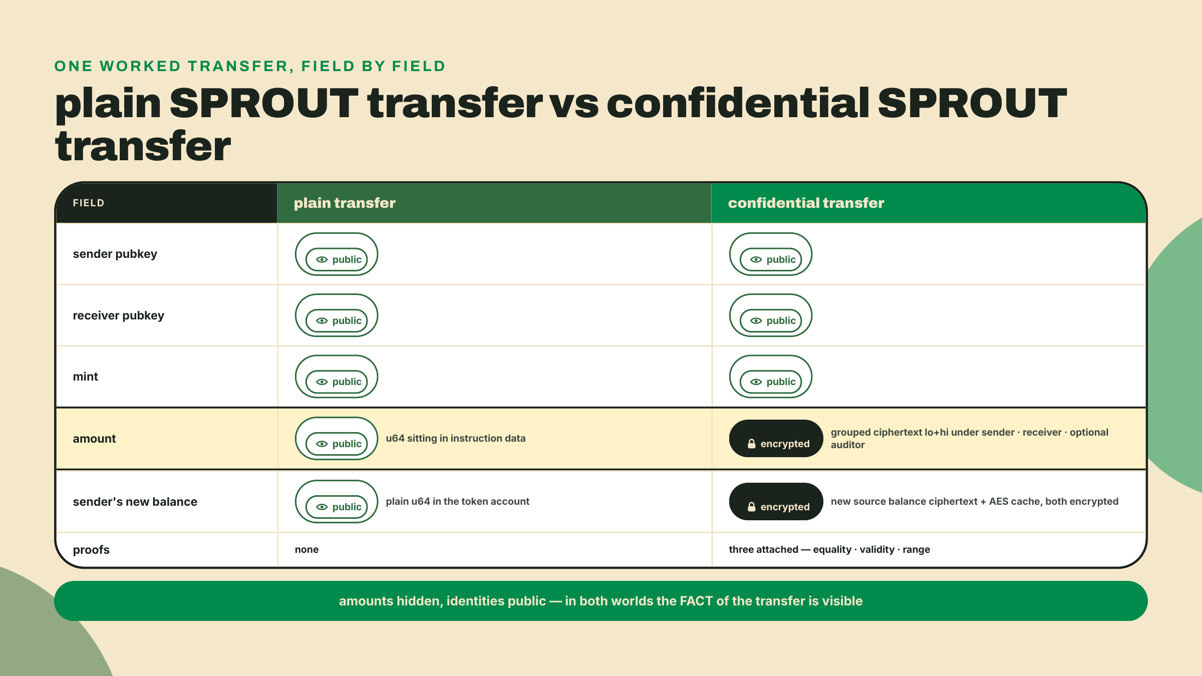 Side-by-side comparison of a plain and a confidential SPROUT transfer, where identity and mint fields stay public and only amount and balance fields move to encrypted form with three proofs.