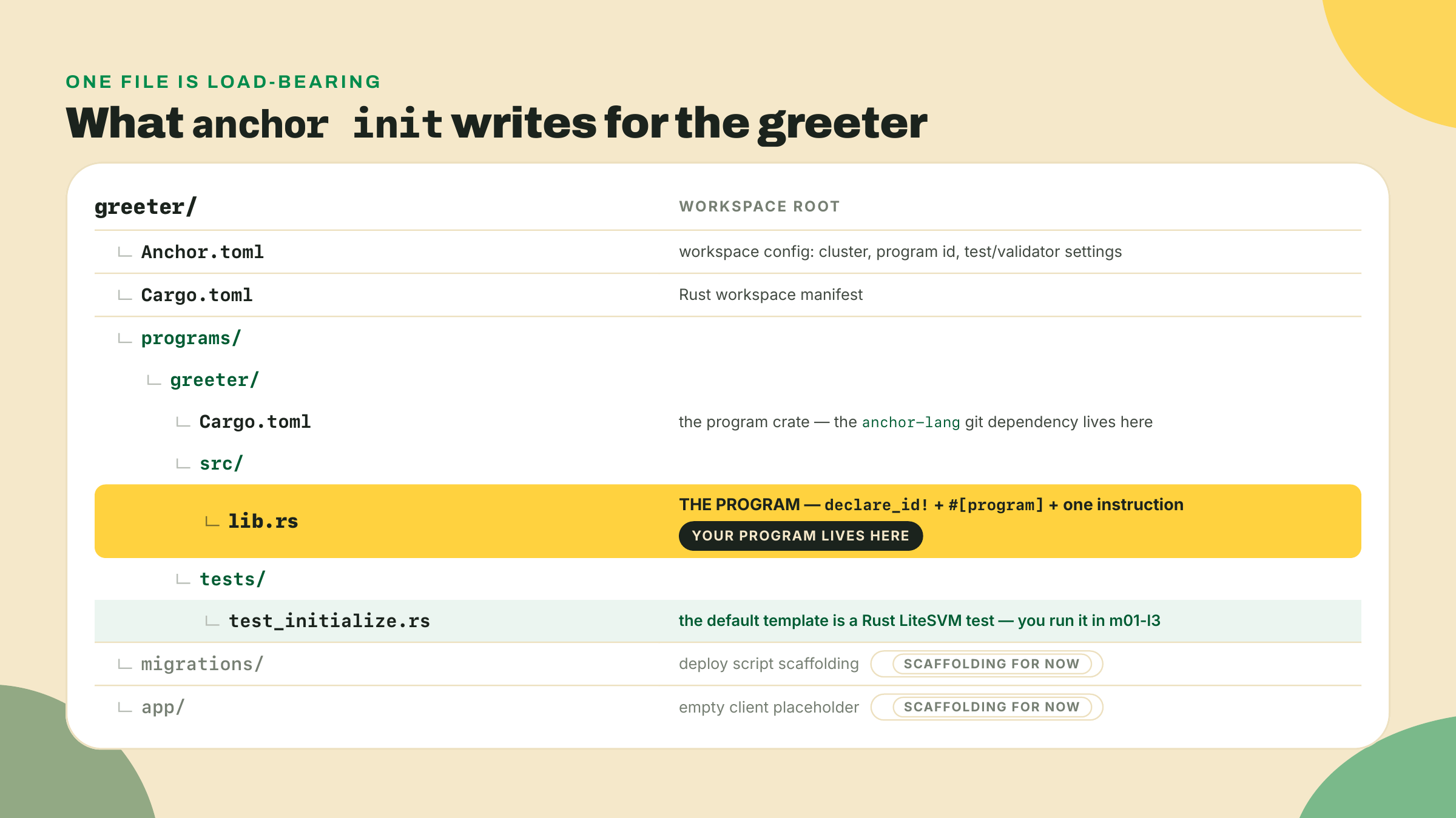 The generated greeter workspace tree, with programs/greeter/src/lib.rs highlighted as the actual program, a generated Rust LiteSVM test beside it, and app/ and migrations/ marked as scaffolding not used yet.