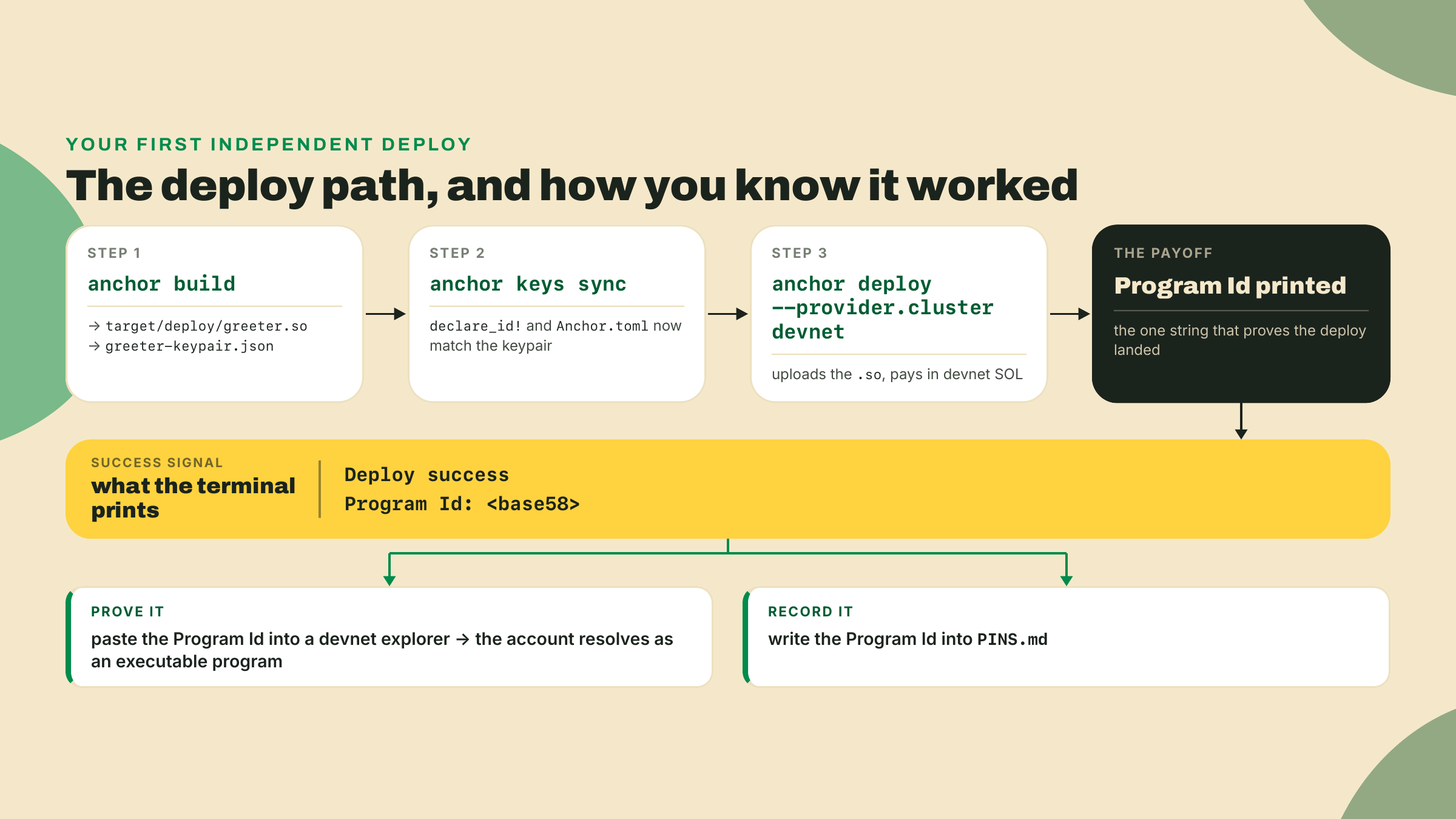 The build emits the .so, keys sync aligns the program ids, deploy prints a Program Id, and a devnet explorer confirms it resolves as executable.