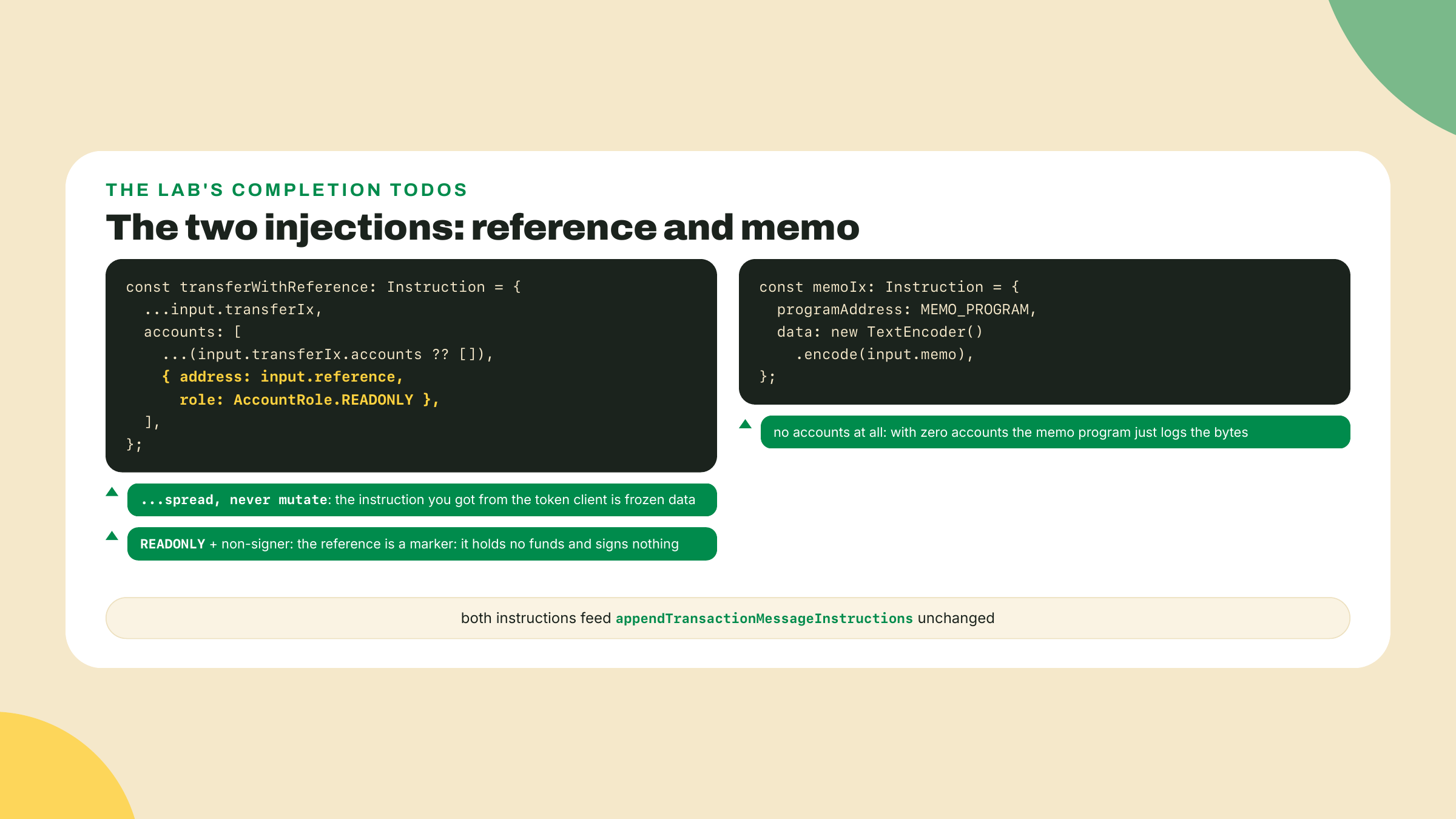 The two code constructions for the completion TODOs: appending the reference as a readonly non-signer account, and building a memo instruction whose data is the utf8 order string.